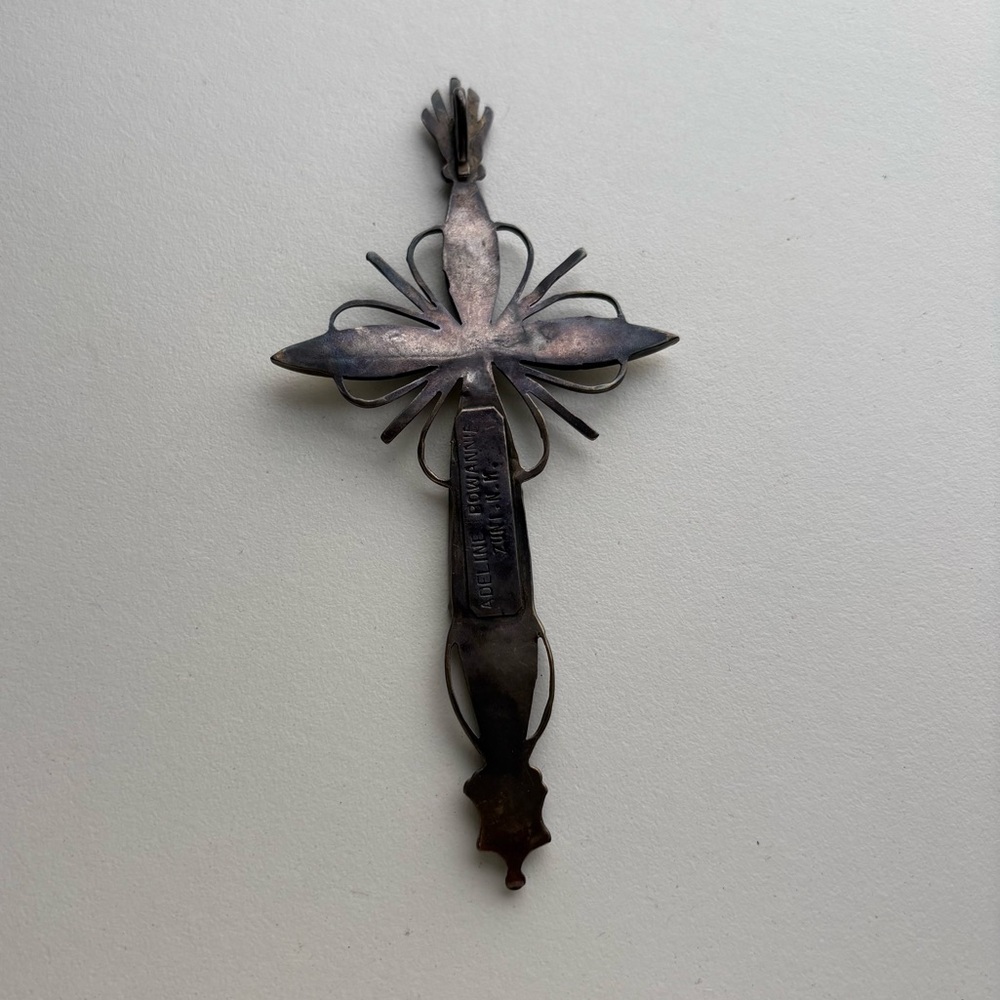 Sterling Zuni Adeline Bownannie Turquoise MOP Onyx  Coral inlay mosaic cross - Picture 7 of 16